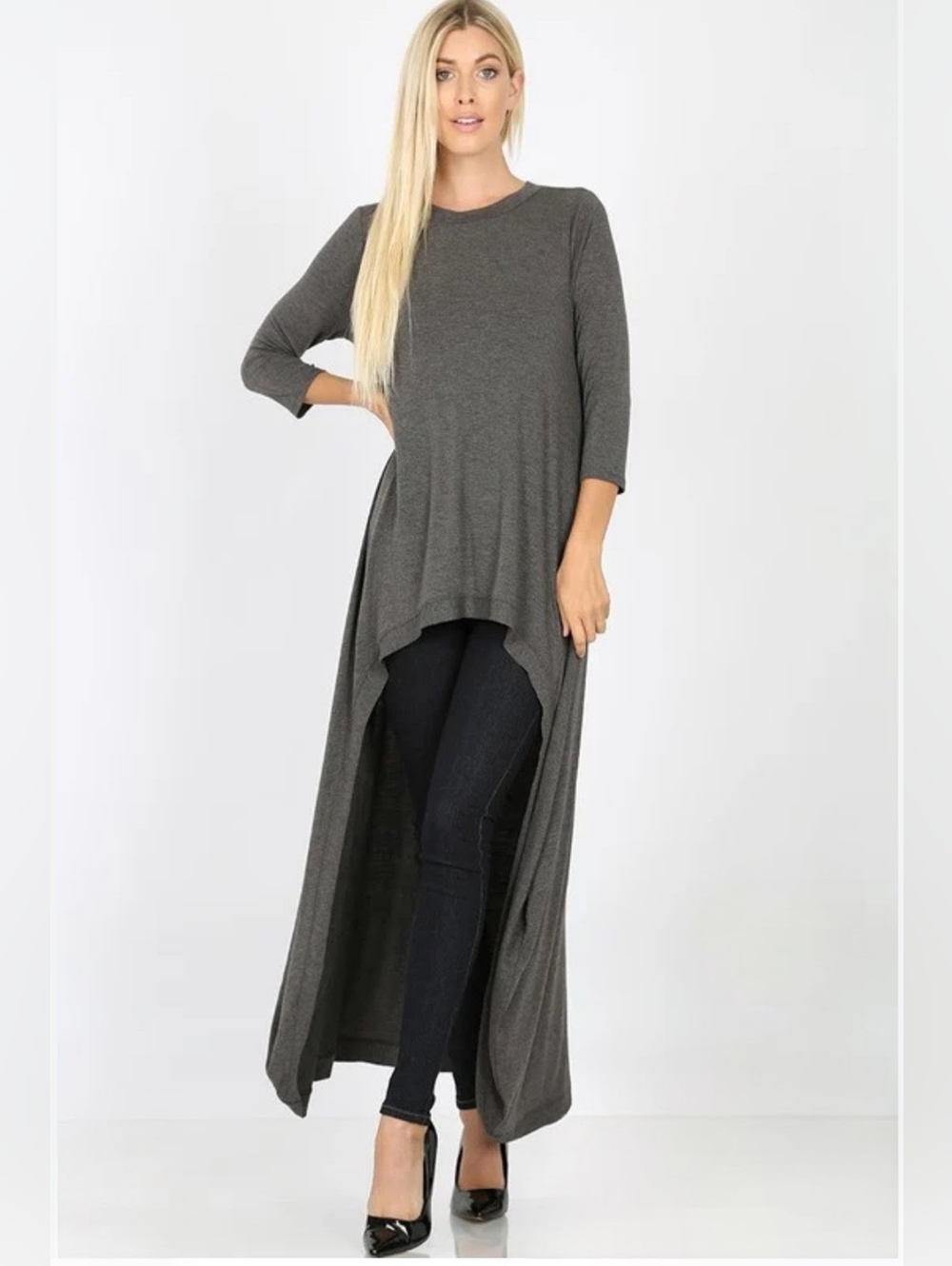 Zenana Outfitters Charcoal Asymmetric Hi-Low Waterfall Tunic Top | 3/4 Sleeve